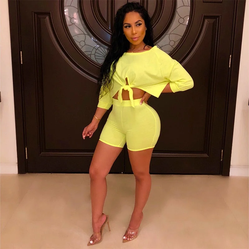 Great Deals Loose Front Tie Crop Top and Biker Shorts