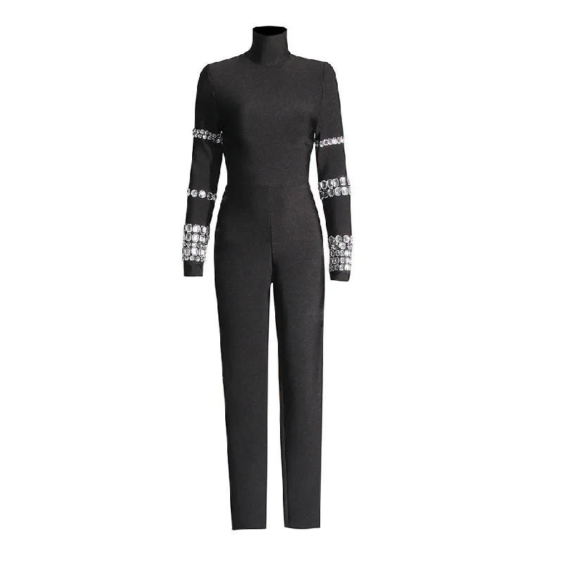 Big Savings Luxury Rhinestone High Neck Long Sleeve Bodycon Bandage Jumpsuit