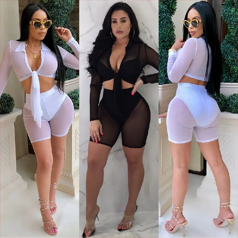 Weekend Deal Mesh Long Sleeve Crop Top And Tight Shorts Sets
