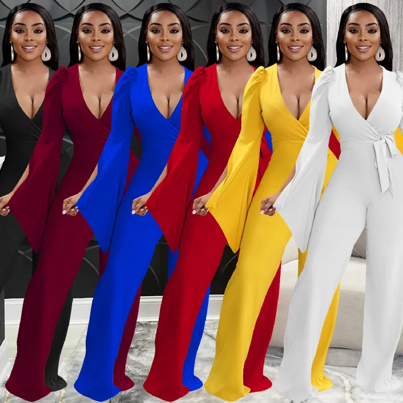 Price Drop Alert New women's solid color sexy deep V-lace-up creases wide sleeve rommet ladies wide leg pants loose one piece women jumpsuits Price Drop Alert New women's solid color sexy deep V-lace-up creases wide sleeve rommet ladies wide leg pants loose one piece women jumpsuits