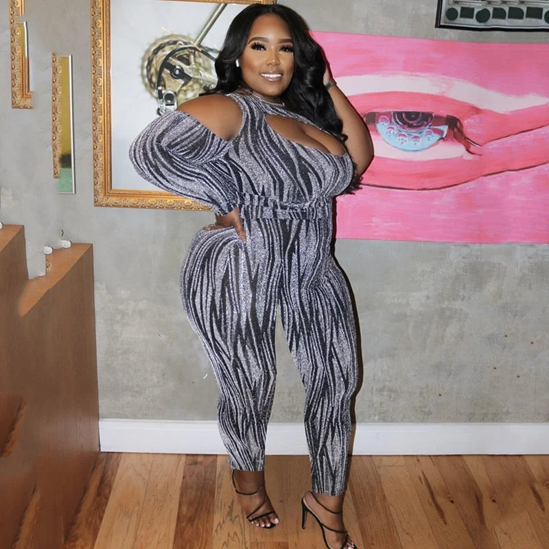Markdown Madness One Shoulder Long Sleeve Jumpsuits Plus Size