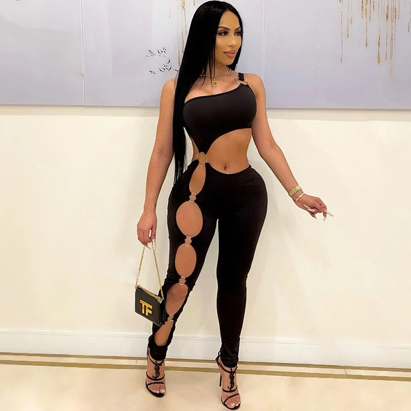 Act Now One Shoulder Sleeveless Hollow Jumpsuits