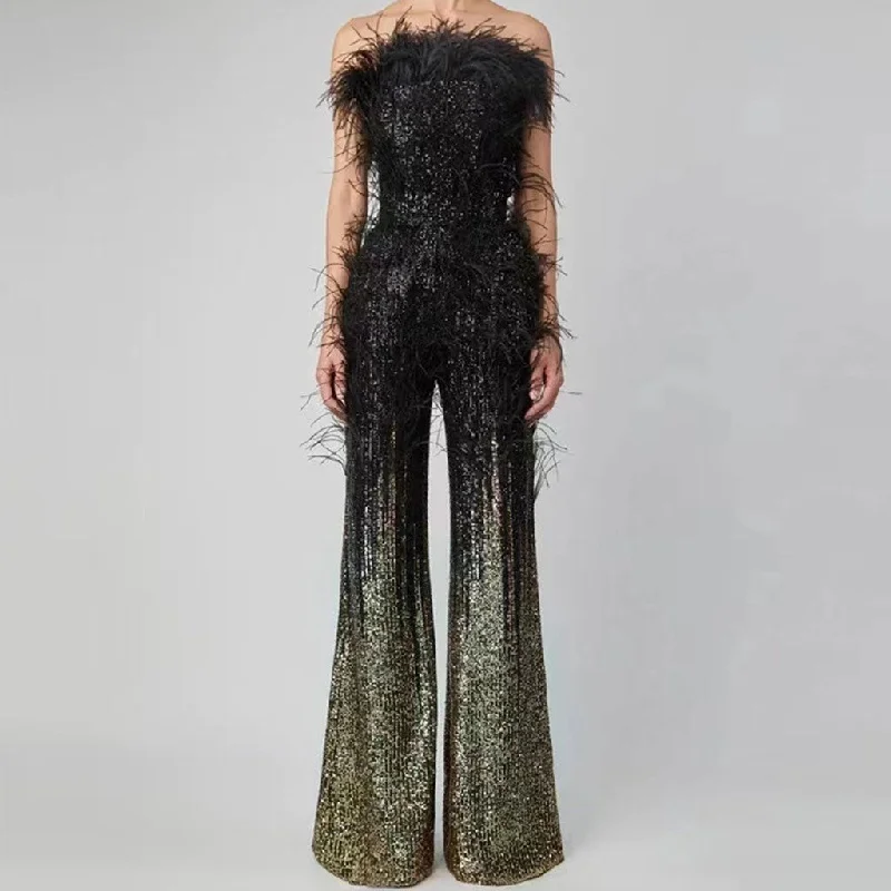 Fantastic Offers Opulent Wispy Feather Trim Strapless High Waist Wide Leg Ombre Sequin Jumpsuit Fantastic Offers Opulent Wispy Feather Trim Strapless High Waist Wide Leg Ombre Sequin Jumpsuit