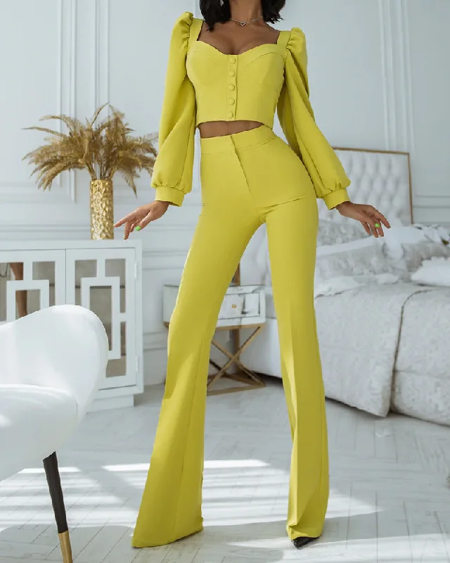 Lowest Price Puff Long Sleeve Crop  & Wide Leg Flare Pants Sets