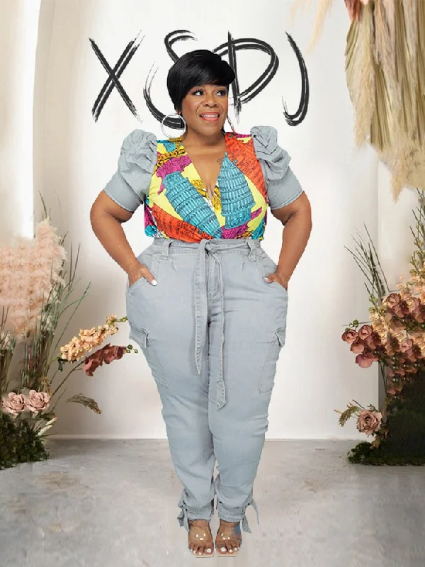 Discount Days Puff Sleeve Denim Top & Jeans Sets Plus Size