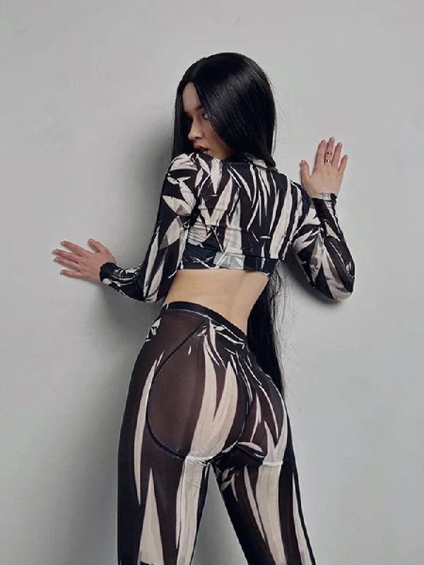 Huge Savings See Through Mesh Print Crop & Pants Sets