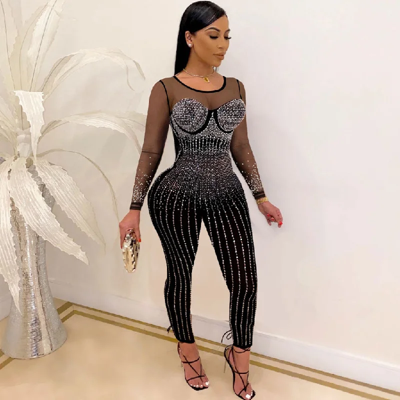 Clearance Items Sexy Crew Neck Long Sleeve Sheer Mesh Panel Bodycon Glitter Crystal Jumpsuit Clearance Items Sexy Crew Neck Long Sleeve Sheer Mesh Panel Bodycon Glitter Crystal Jumpsuit
