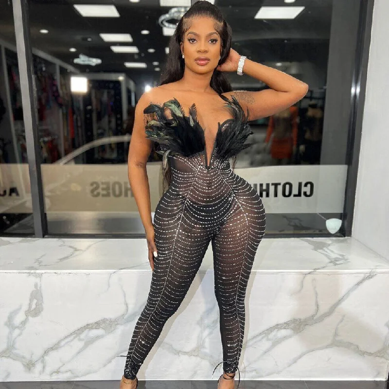 Incredible Offers Sexy Faux Feather Trim Plunge Neck Crystal Trim Bodycon Mesh Sheer Jumpsuit Incredible Offers Sexy Faux Feather Trim Plunge Neck Crystal Trim Bodycon Mesh Sheer Jumpsuit