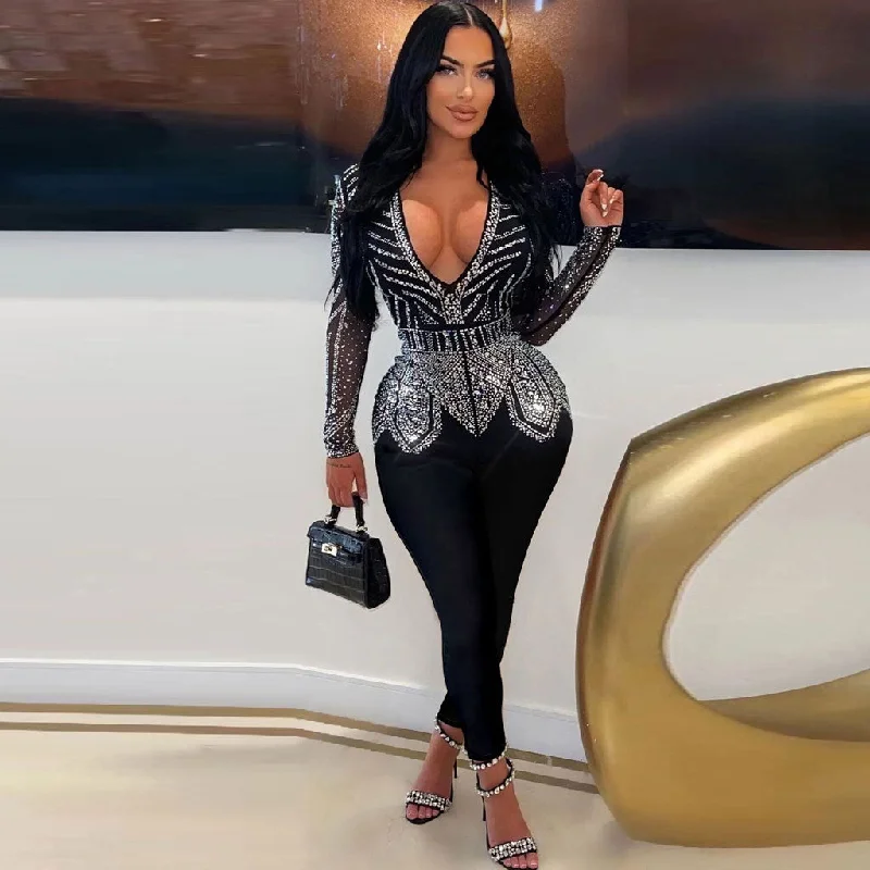Price Rollback Sexy Plunge V Neck Sheer Long Sleeve Glitter Crystal Bodycon Party Jumpsuit Price Rollback Sexy Plunge V Neck Sheer Long Sleeve Glitter Crystal Bodycon Party Jumpsuit