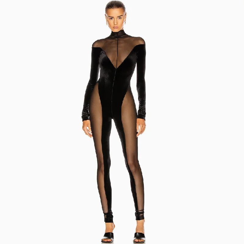 Deal Dash Sexy Turtleneck Sheer Mesh Long Sleeve Velvet Jumpsuit - Black