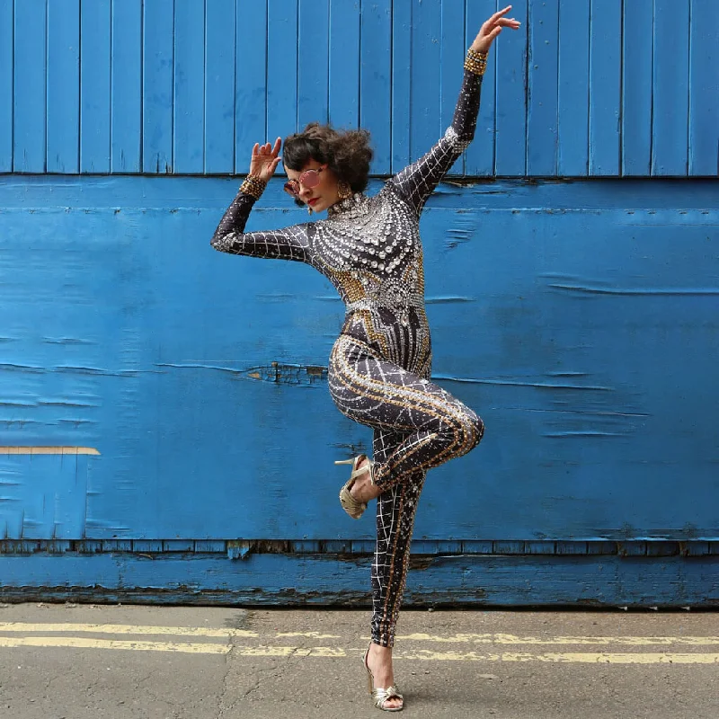 Special Savings Shimmer Rhinestone Baroque Geo Print High Neck Long Sleeve Skinny Unitard Jumpsuit Special Savings Shimmer Rhinestone Baroque Geo Print High Neck Long Sleeve Skinny Unitard Jumpsuit
