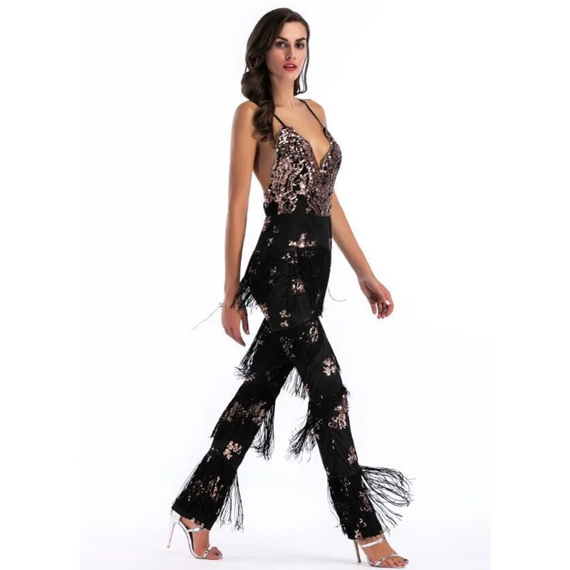 Lowest Price Spaghetti Strap Backless Tassel Sequin Jumpsuits