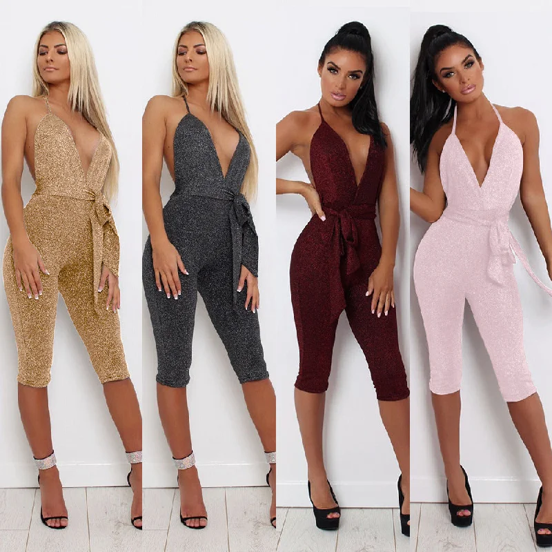 Savings Spectacular Sparkle Deep V Neck Sleeveless Rompers