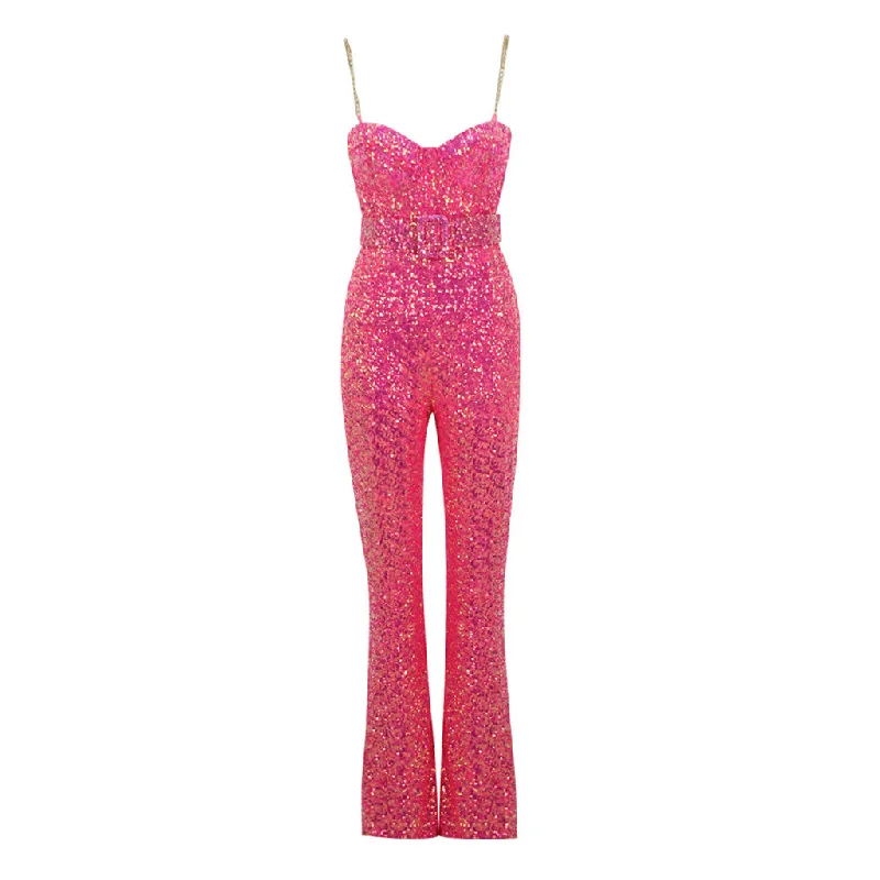 Weekend Deal Sparkly Bustier Metallic Chain Strap Belted Flare Leg Sequin Jumpsuit