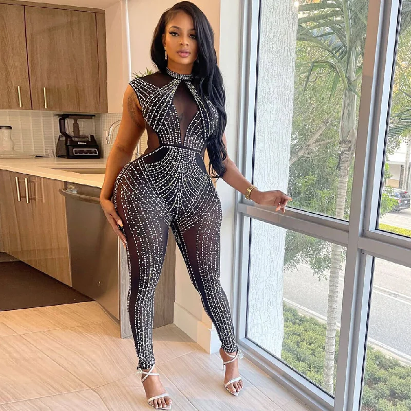 Exclusive Offers Sparkly Crystal Detail Mock Neck Sheer Mesh Panel Bodycon Sleeveless Jumpsuit Exclusive Offers Sparkly Crystal Detail Mock Neck Sheer Mesh Panel Bodycon Sleeveless Jumpsuit