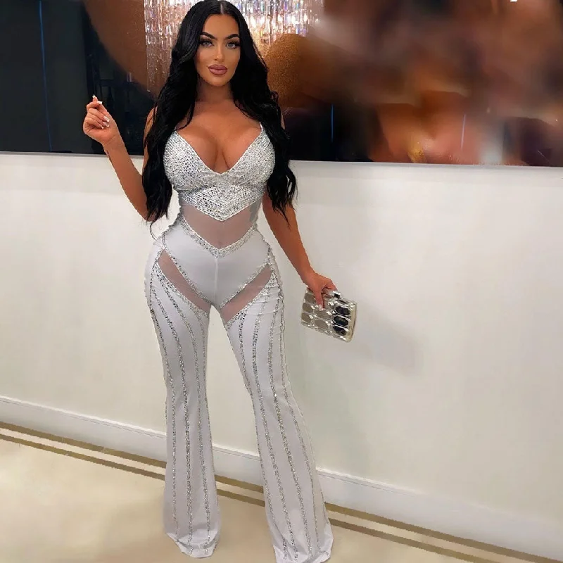 Unbeatable Prices Sparkly Crystal Plunge Neck Sheer Mesh Panel Wide Leg Sleeveless Party Jumpsuit Unbeatable Prices Sparkly Crystal Plunge Neck Sheer Mesh Panel Wide Leg Sleeveless Party Jumpsuit