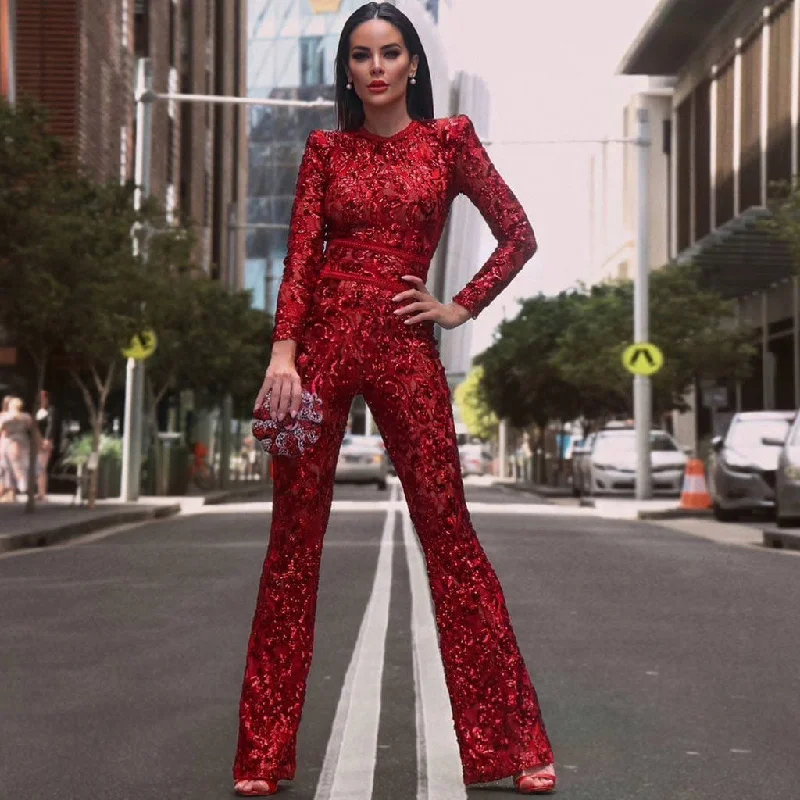 Closeout Sparkly Lace Embellished Long Sleeve Flare Sequin Bandage Jumpsuit - Red