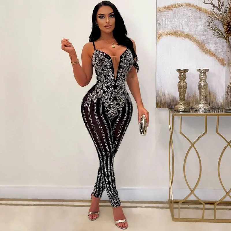 Take Advantage Sparkly Plunge Neck Rhinestone Detail Sheer Mesh Bodycon Sleeveless Jumpsuit