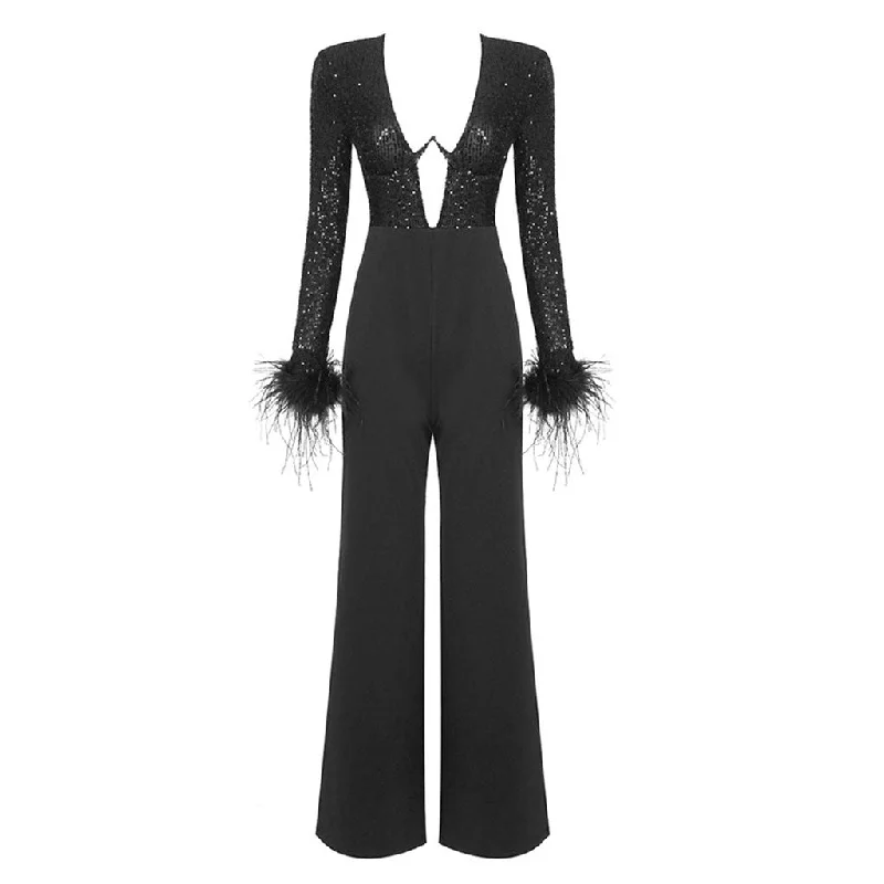 Act Now Sparkly Sequin Underwire Plunge Feather Long Sleeve High Waist Wide Leg Jumpsuit Act Now Sparkly Sequin Underwire Plunge Feather Long Sleeve High Waist Wide Leg Jumpsuit