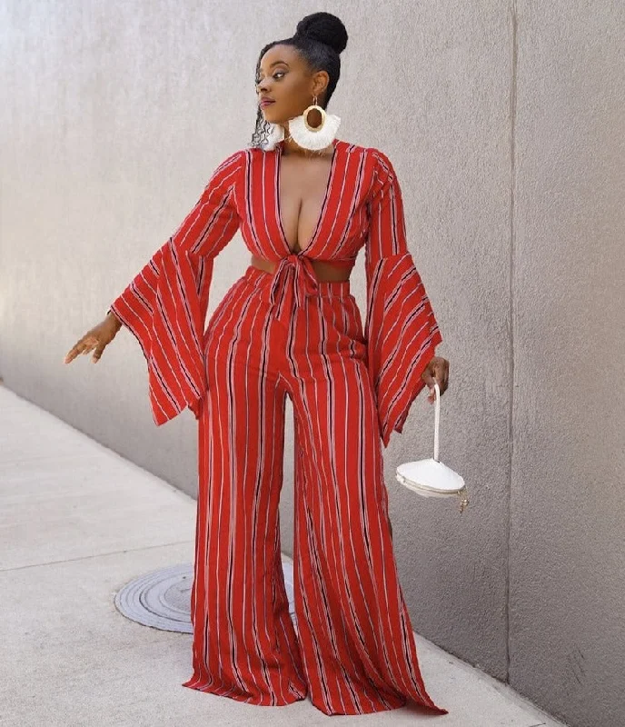Final Clearance Striped Full Sleeve Crop & Wide Leg Flare Pants Sets