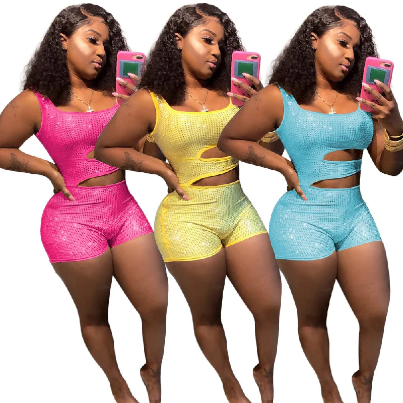 Exclusive Savings Tank Rhinestone Hollow Out Rompers