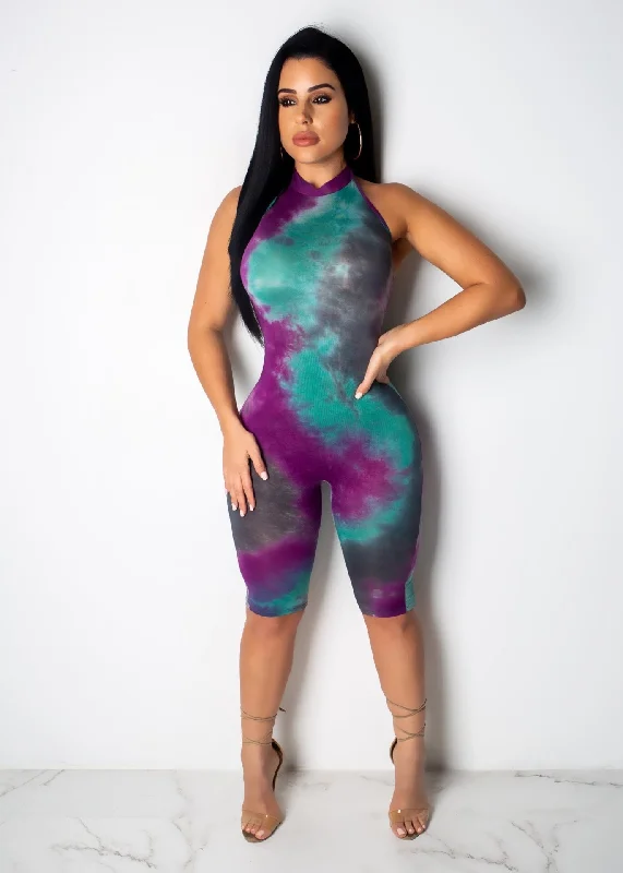 Final Sale Tie Dye Halter Backless Sleeves One Piece Rompers