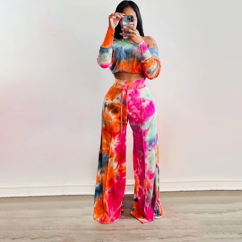 Epic Deals Tie Dye Off Shoulder Crop & Wide Pants Sets
