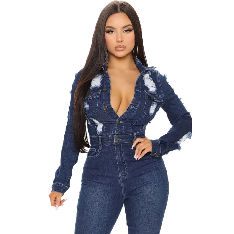 Act Fast Trendy Women Clothes Fashion Casual Turndown Neck Long Sleeve Denim Ripped Jumpsuit