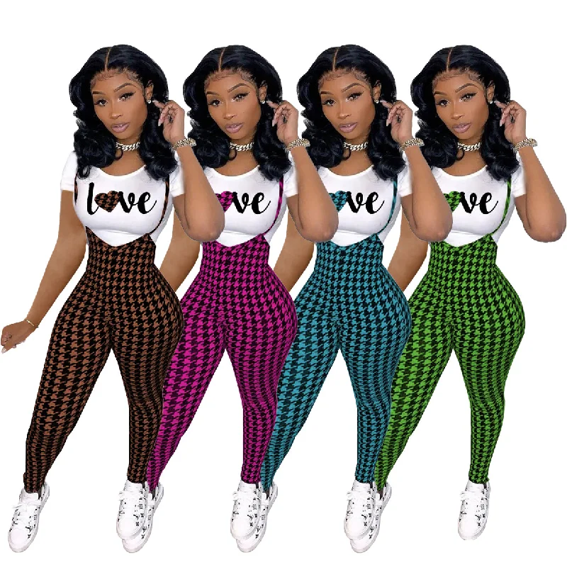 Price Break Trendy Women Clothes Valentine's Day Cute Sexy Printed Short Sleeve Shirt Bodycon Plaid Straps Jumpsuit 2pcs