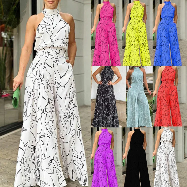 Savings Spectacular women bodysuit temperament elegant cinched waist strappy sleeveless halterneck wide leg pants ladies printed one piece jumpsuits Savings Spectacular women bodysuit temperament elegant cinched waist strappy sleeveless halterneck wide leg pants ladies printed one piece jumpsuits
