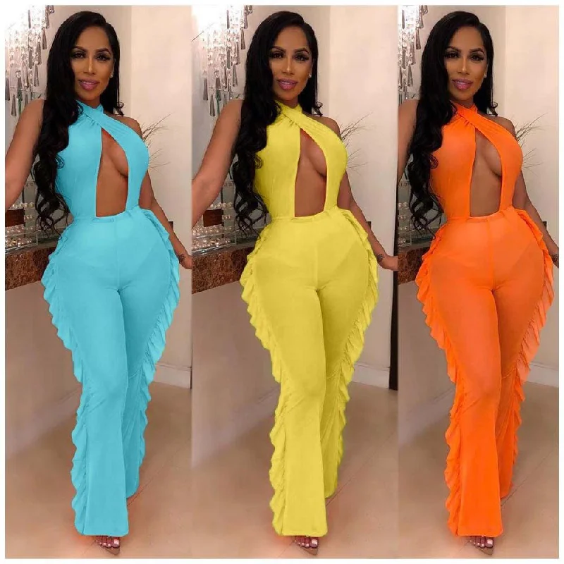 Best Deals women cut out sexy mesh ruffle jumpsuit backless