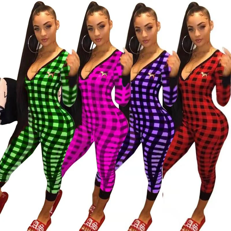 Overstock Sale Women Jogger Suit Sexy Printed V Neck Plaid Embroidered Puppy Jumpsuit Overstock Sale Women Jogger Suit Sexy Printed V Neck Plaid Embroidered Puppy Jumpsuit