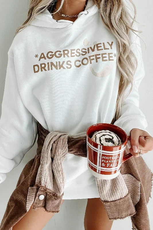New Deals "Aggressively Drinks Coffee" Graphic Hoodie (White) - Print On Demand