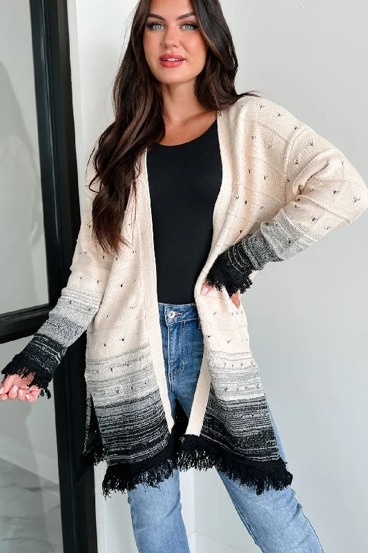 Overstock Autumn Weather Ombre Fringe Cardigan (Natural/Black)
