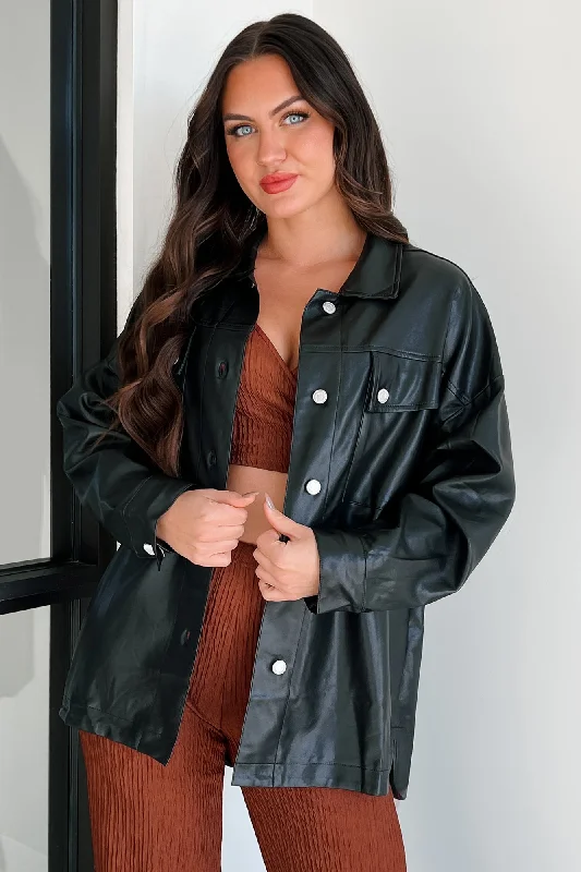 One-DAY Sale Baddie Alert Faux Leather Shacket (Black)