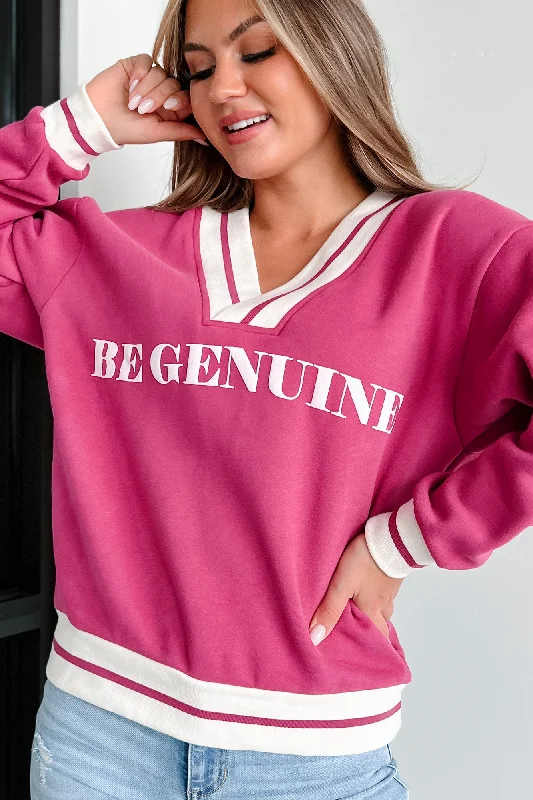 Special Discount "Be Genuine" Varsity Stripe Graphic Sweater (Raspberry)