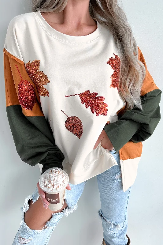 Friends and Family Sale Beauty Of Nature Sequin Leaf Oversized Top (Cream/Olive)
