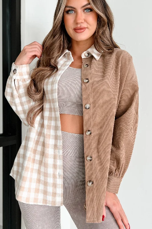 Act Now Benton Corduroy Plaid Shacket (Taupe Tan)
