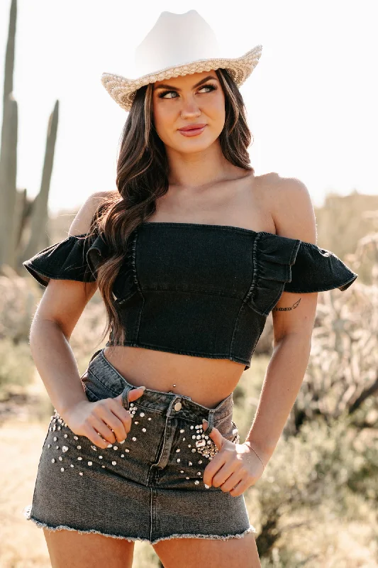 Buy Now Best Intentions Denim Ruffle Crop Top (Black)