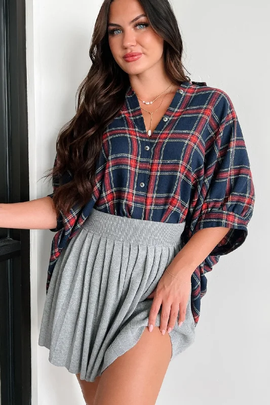 YEAR-End Sale Bijou Plaid Oversized Button-Down Shirt (Navy)