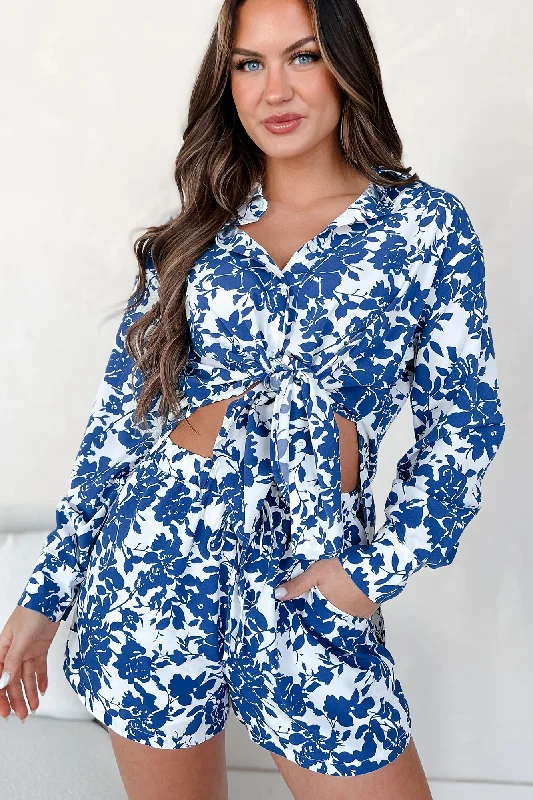 Steals and Deals Blooming With Bliss Floral Button-Down Shirt & Shorts Set (Blue)