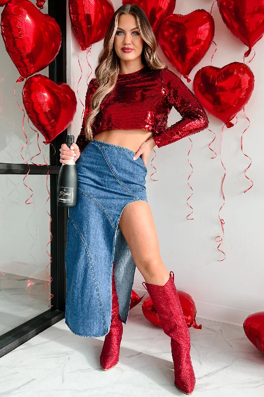 The Best Prices Bright Lights Long Sleeve Sequin Crop Top (Red)