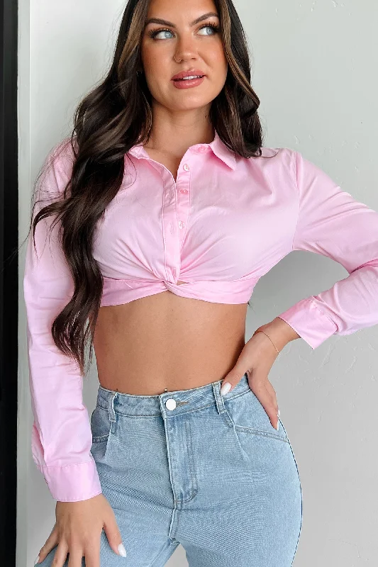 Overstock Business Proposition Cropped Button-Down Shirt (Light Pink)