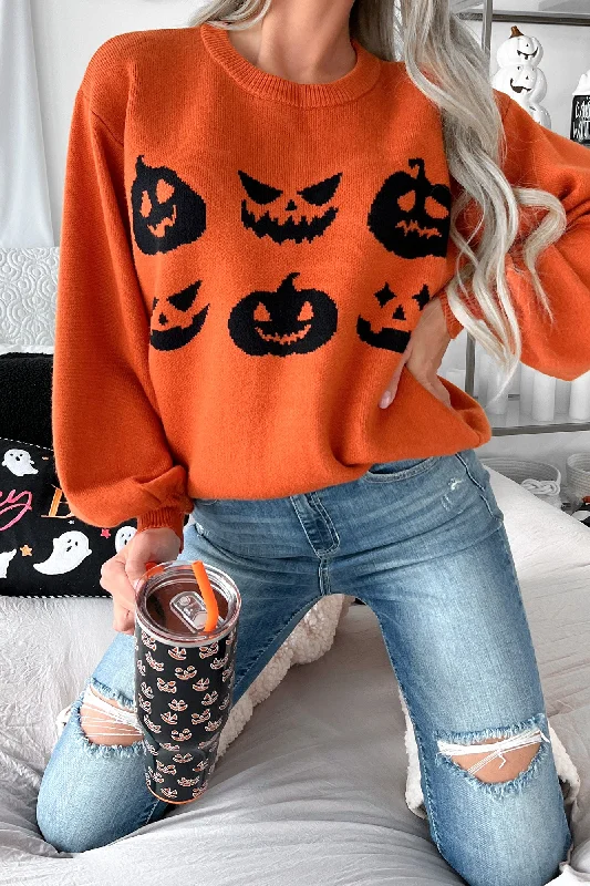 Flash Deals Carvin' Pumpkins Knit Halloween Sweater (Pumpkin)