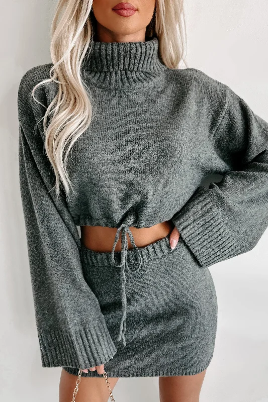 Weekend Special Change In The Weather Sweater Knit Crop Top & Skirt Set (Charcoal)