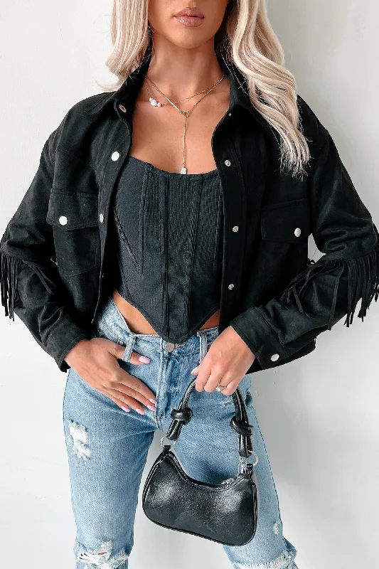 Seasonal Clearance Chasing Cowboys Faux Suede Fringe Shacket (Ash Black)