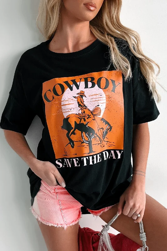 Act Now "Cowboy Save The Day" Oversized Graphic T-Shirt Dress (Black) - Print On Demand