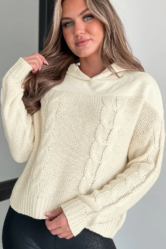 Discount Extravaganza Cozy Accord Cable Knit Hoodie (Eggshell)