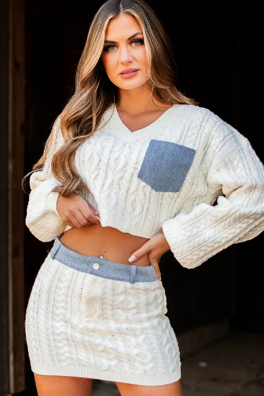 Closeout Definitely Not Average Denim Contrast Sweater Knit Two-Piece Set (Off White)