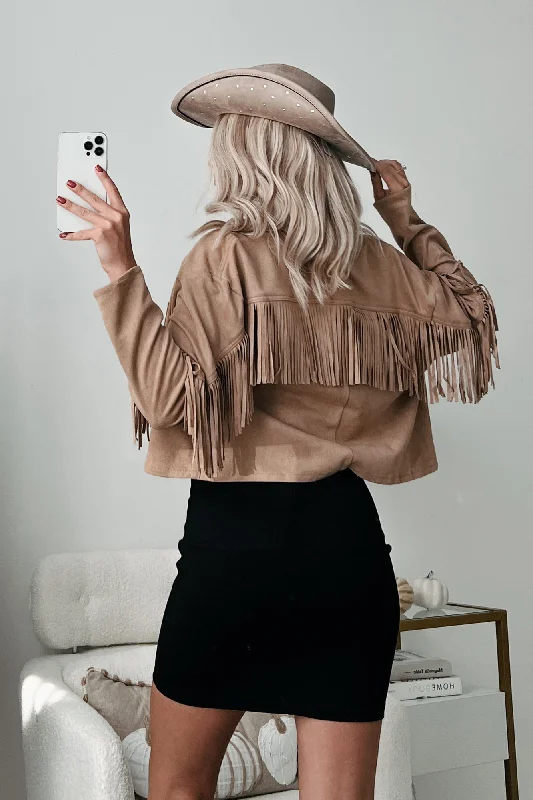 Great Deals Down In Austin Faux Suede Fringe Shacket (Taupe)